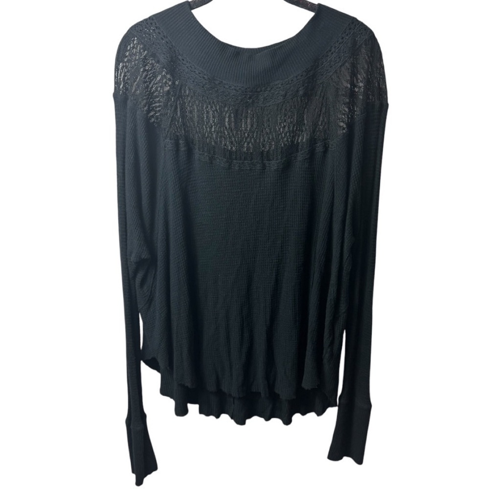 Free People Black Henley Long Sleeve Insert Lace Top